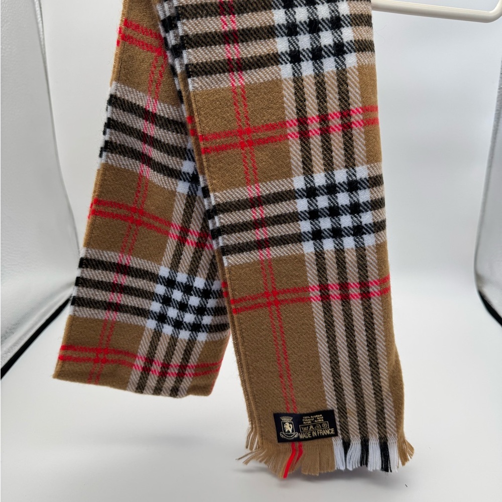 Tan Plaid Scarf with Red and Black Accents